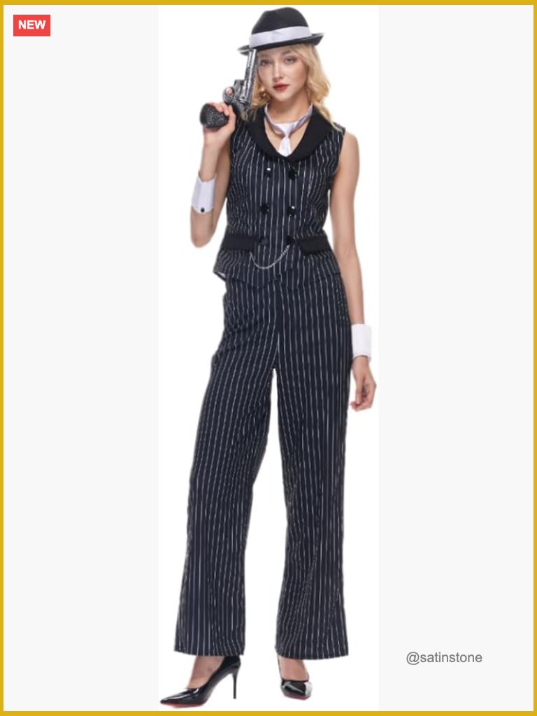 Women Gangster Costume 1920s Pinstripe Suit Sleeveless Jacket Pants Hat